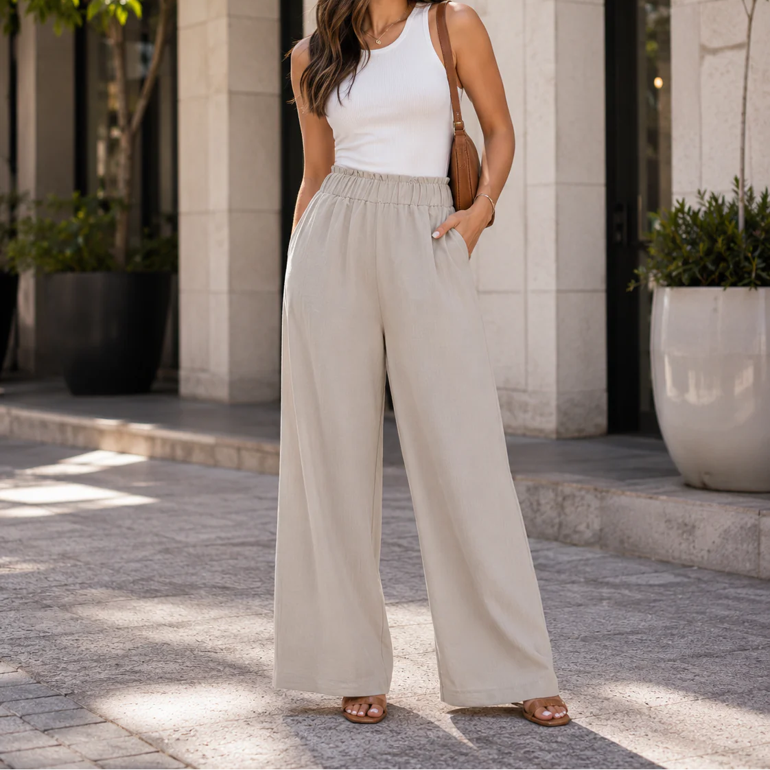 Solid Color Casual Wide Leg Trousers